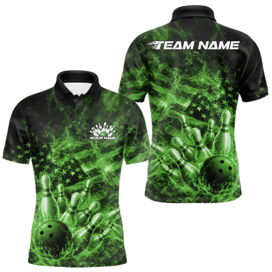 Maxcorners Custom Green Fire Patriotic Bowling Men Polo Shirt, American Flag Flame Bowling Jersey LM2603