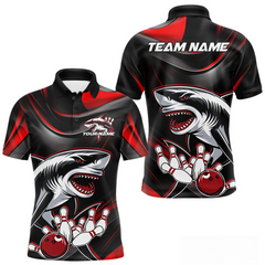 Maxcorners Custom Black And Red Shark Bowling Team Polo Shirts For Men, Bowling League Shirt LM283