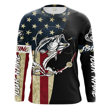 Maxcorners Personalized Bass Fishing American Flag Custom Long Sleeve Fishing Shirts, personalized Patriotic Fishing gifts LM0501