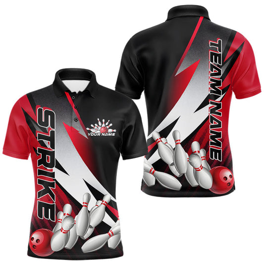 Maxxcorners Custom Black And Red Strike Bowling Polo Shirts For Men, Bowling Team Uniform LM1904