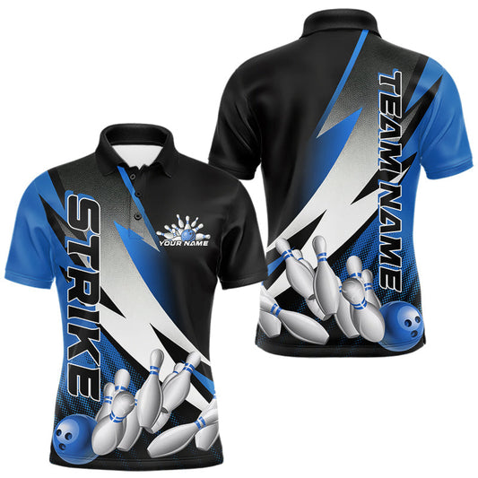 Maxxcorners Custom Black And Blue Strike Bowling Polo Shirts For Men, Bowling Team Uniform LM1904