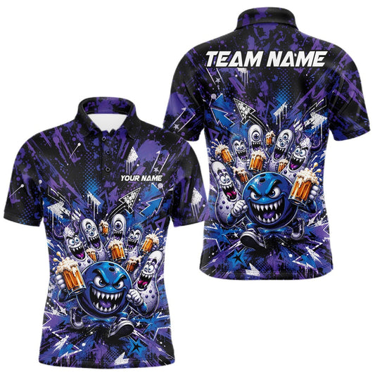 Maxcorners Custom Monster Bowling Beer Party Men Polo Shirt With Funny Ball And Pins LM0607