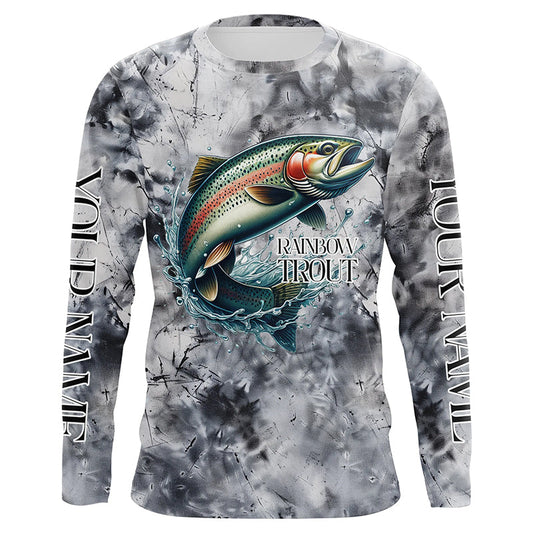 Maxcorners Gray Tie Dye Camo Custom Rainbow Trout Fly Fishing Shirts, Trout Long Sleeve Fishing Shirt  LM0201
