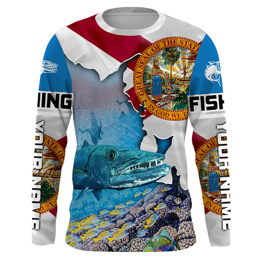 Maxcorners Florida Great Barracuda Custom Long Sleeve performance Fishing Shirts, Florida Flag Fishing jerseys LM0201