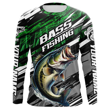 Maxcorners Bass Fishing Camo Long Sleeve Fishing Shirts, Custom Bass Tournament Fishing Jerseys | Green LM0201