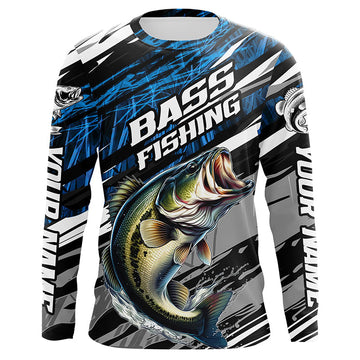 Maxcorners Bass Fishing Camo Long Sleeve Fishing Shirts, Custom Bass Tournament Fishing Jerseys | Blue LM0201