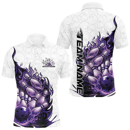 Maxcorners Cusom Purple Blue Flame Bowling Men Polo Team Shirt, Fire Bowling Tournament Jersey LM1104