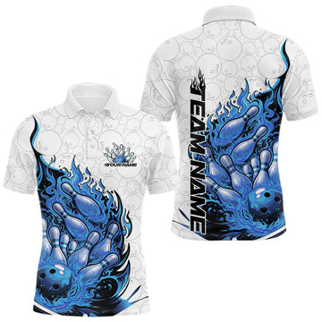 Maxcorners Cusom Blue Flame Bowling Men Polo Team Shirt, Fire Bowling Tournament Jersey LM1104