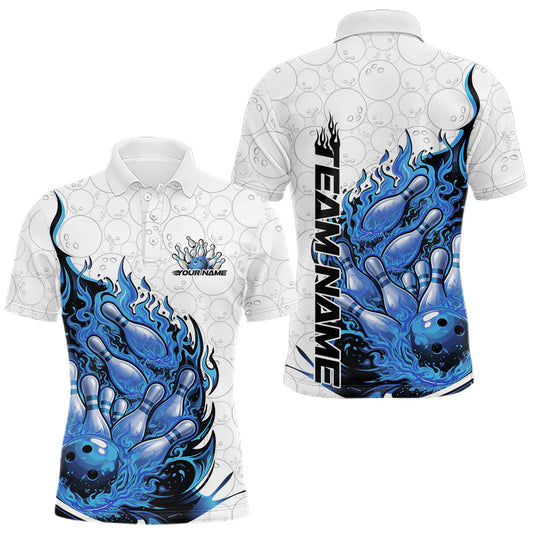 Maxcorners Cusom Blue Flame Bowling Men Polo Team Shirt, Fire Bowling Tournament Jersey LM1104