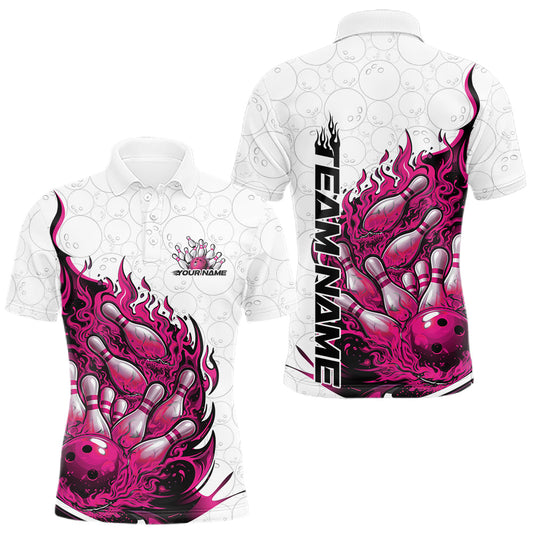 Maxcorners Cusom Pink Flame Bowling Men Polo Team Shirt, Fire Bowling Tournament Jersey LM1104