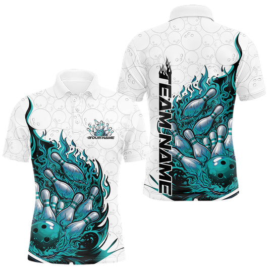 Maxcorners Cusom Turquoise Blue Flame Bowling Men Polo Team Shirt, Fire Bowling Tournament Jersey LM1104