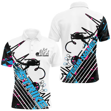 Maxcorners Custom Blue And Pink Camo Strike Bowling Polo Shirts For Men, Bowling Heartbeat Pulse Line