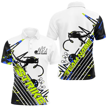 Maxcorners Custom Blue And Green Camo Strike Bowling Polo Shirt For Men, Bowling Heartbeat Pulse Line