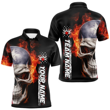 Maxcorners Custom Flame Skull American Texas Flag Men Bowling Team Shirt, Patriotic Bowling Jerseys LM2901