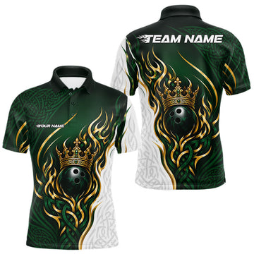 Maxcorners Custom White And Green Irish Tribal Pattern Bowling Ball With Crown Men Polo Team Shirts LM0208