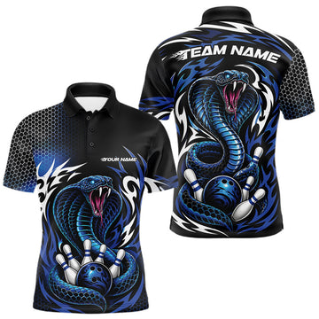 Maxcorners Custom Black And Blue Tribal Cobra Snake Bowling Jerseys Bowling Men Polo Shirt LM0208