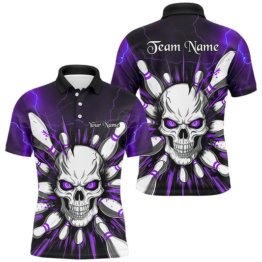 Maxcorners Purple Lightning Thunder Custom Skull Bowling Shirt For Men, Halloween Bowling Team Polo Shirt
