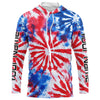 Maxcorners Red, White And Blue Tie Dye Custom Patriotic Long Sleeve Fishing Shirts, Performance Fishing Shirts 1 LM0201