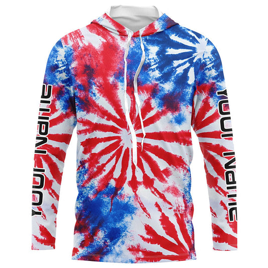 Maxcorners Red, White And Blue Tie Dye Custom Patriotic Long Sleeve Fishing Shirts, Performance Fishing Shirts 1 LM0201