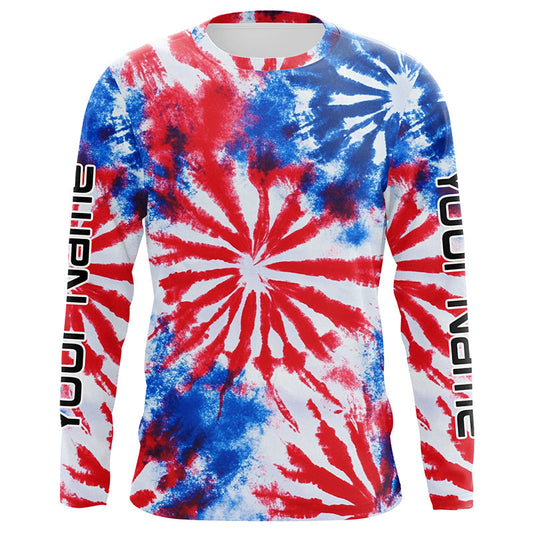 Maxcorners Red, White And Blue Tie Dye Custom Patriotic Long Sleeve Fishing Shirts, Performance Fishing Shirts 1 LM0201