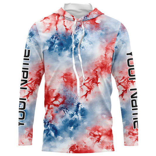 Maxcorners Red, White And Blue Tie Dye Custom Patriotic Long Sleeve Fishing Shirts, Performance Fishing Shirts LM0201
