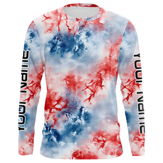 Maxcorners Red, White And Blue Tie Dye Custom Patriotic Long Sleeve Fishing Shirts, Performance Fishing Shirts LM0201