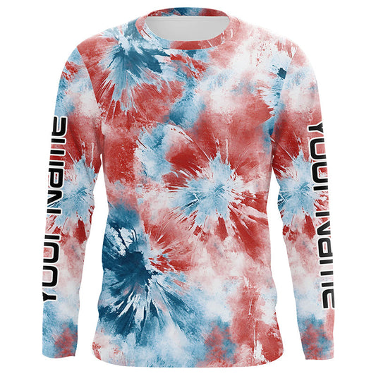 Maxcorners Red, White And Blue Tie Dye Personalized Patriotic Performance Fishing Shirts, Uv Fishing Apparel LM0201