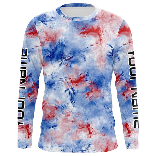 Maxcorners Red, White And Blue Tie Dye Personalized Patriotic Performance Fishing Shirts, Uv Fishing Apparel 1 LM0201