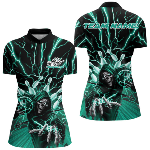 Maxcorners Custom Black And Green Lightning Grim Reaper Bowling Men Polo Shirt, Halloween Outfit MT0609