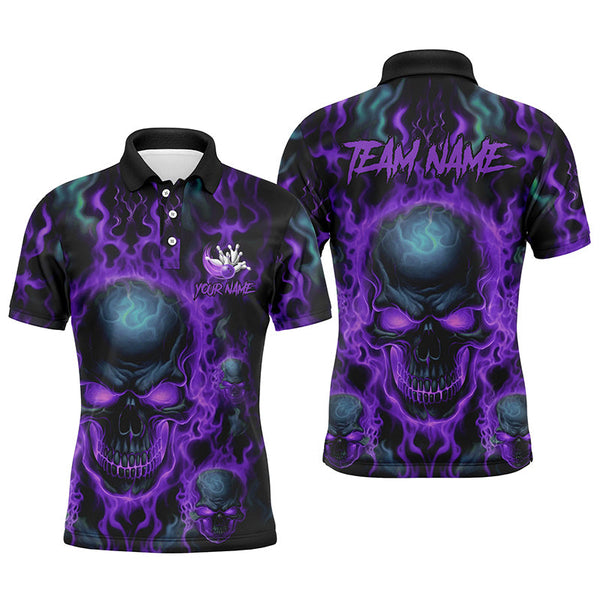 Maxcorners Custom Bowling Polo Shirts Men Purple Flame Skull Team Bowling Jerseys Halloween Bowler Outfits LM2509