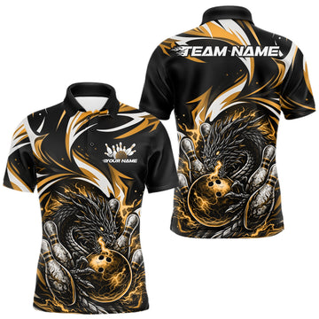 Maxcorners Custom Gold Lightning Dragon Bowling Men Polo Shirts, Dragon Bowling League Shirt