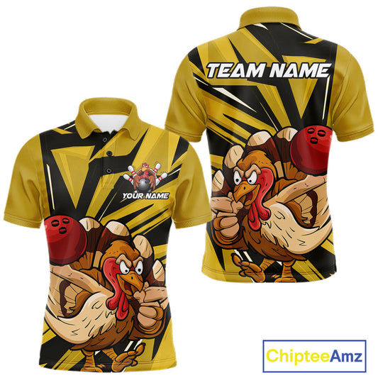 Maxcorners Custom Funny Turkey Bowling Shirts For Men, Yellow Thanksgiving Bowling Shirt Team Uniform LM0602