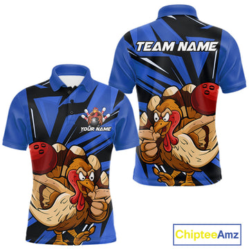 Maxcorners Custom Funny Turkey Bowling Shirts For Men, Blue Thanksgiving Bowling Shirt Team Uniform LM0602