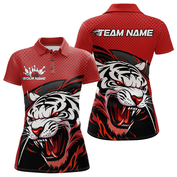 Maxcorners Custom Black And Red Tiger Bowling Team Polo Shirts For Men, Bowling League Shirt