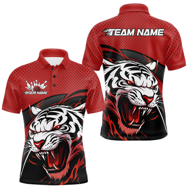 Maxcorners Custom Black And Red Tiger Bowling Team Polo Shirts For Men, Bowling League Shirt