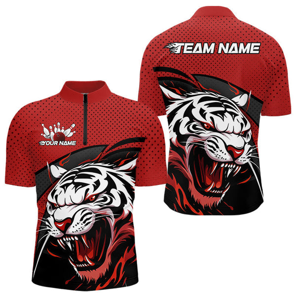 Maxcorners Custom Black And Red Tiger Bowling Team Polo Shirts For Men, Bowling League Shirt