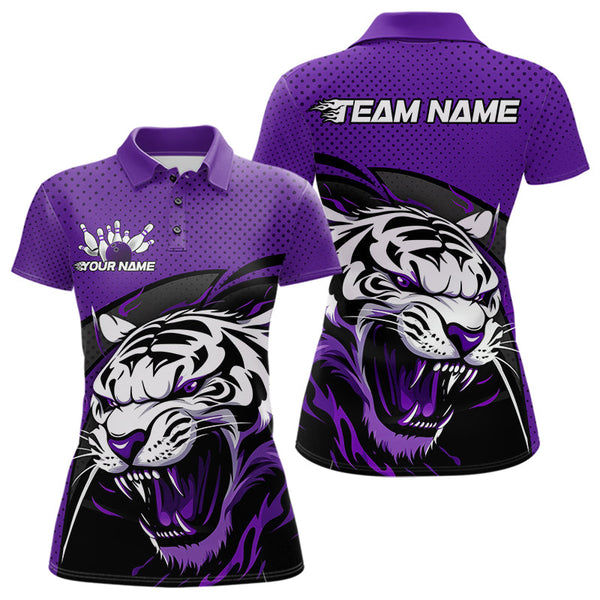 Maxcorners Custom Black And Purple Tiger Bowling Team Polo Shirts For Men, Bowling League Shirt