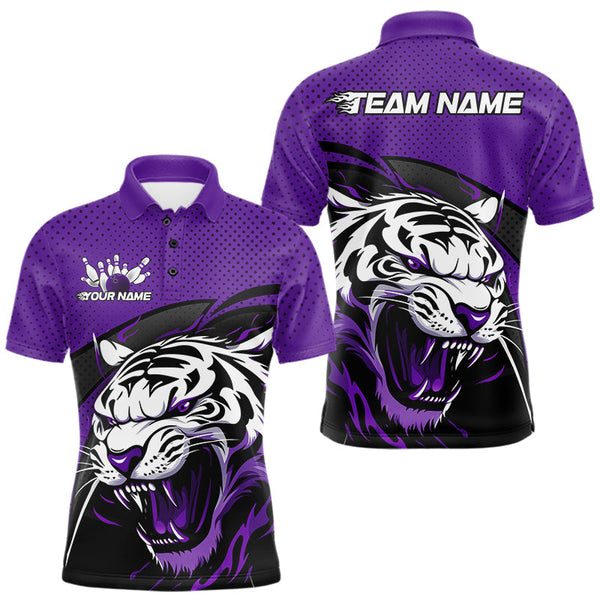 Maxcorners Custom Black And Purple Tiger Bowling Team Polo Shirts For Men, Bowling League Shirt