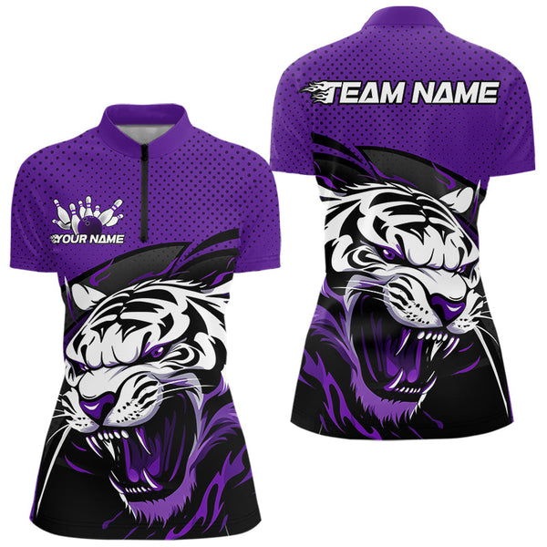 Maxcorners Custom Black And Purple Tiger Bowling Team Polo Shirts For Men, Bowling League Shirt