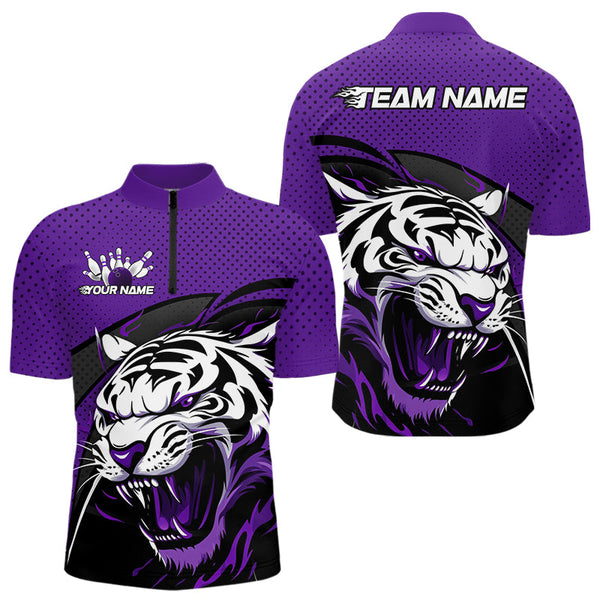 Maxcorners Custom Black And Purple Tiger Bowling Team Polo Shirts For Men, Bowling League Shirt
