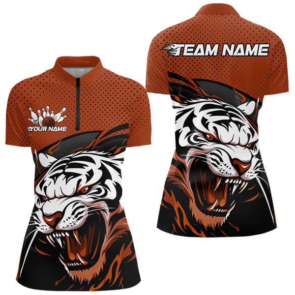 Maxcorners Custom Black And Orange Tiger Bowling Team Polo Shirts For Men, Bowling League Shirt