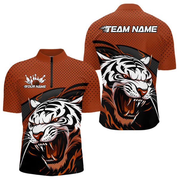 Maxcorners Custom Black And Orange Tiger Bowling Team Polo Shirts For Men, Bowling League Shirt