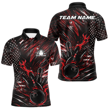 Maxcorners Custom Black And Red Patriotic Flame Bowling Jerseys, US Flag Bowling Shirt For Men LM0404