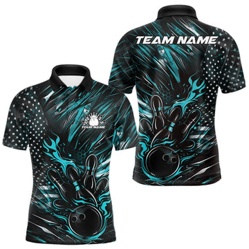 Maxcorners Custom Turquoise Blue Patriotic Flame Bowling Jerseys, US Flag Bowling Shirt For Men LM0404
