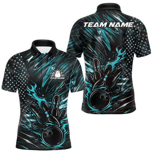 Maxcorners Custom Turquoise Blue Patriotic Flame Bowling Jerseys, US Flag Bowling Shirt For Men LM0404