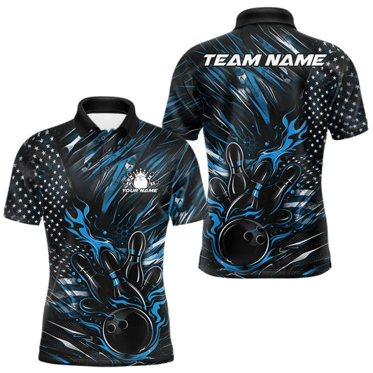 Maxcorners Custom Black And Blue Patriotic Flame Bowling Jerseys, US Flag Bowling Shirt For Men LM0404