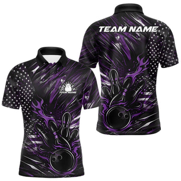 Maxcorners Custom Black And Purple Patriotic Flame Bowling Jerseys, US Flag Bowling Shirt For Men LM0404