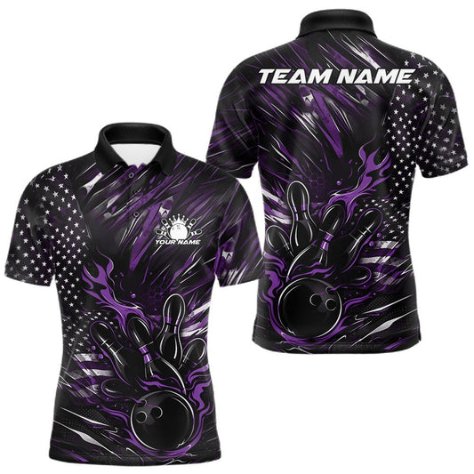 Maxcorners Custom Black And Purple Patriotic Flame Bowling Jerseys, US Flag Bowling Shirt For Men LM0404