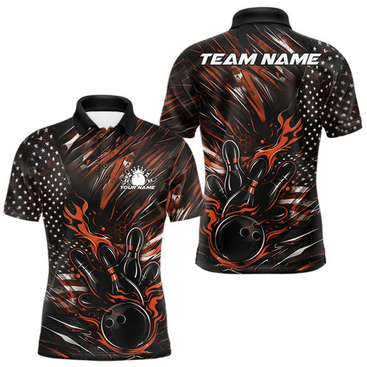 Maxcorners Custom Black And Orange Patriotic Flame Bowling Jerseys, US Flag Bowling Shirt For Men LM0404