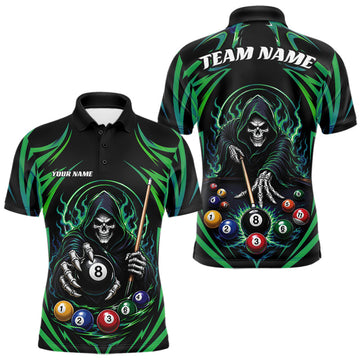 Maxcorners Custom Green Grim Reaper Billiards Men Polo Shirt, Halloween Pool Team Outfit